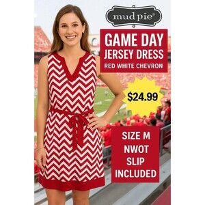 Mud Pie Game Day Jersey Dress Red White Chevron Size M NWOT Slip Included